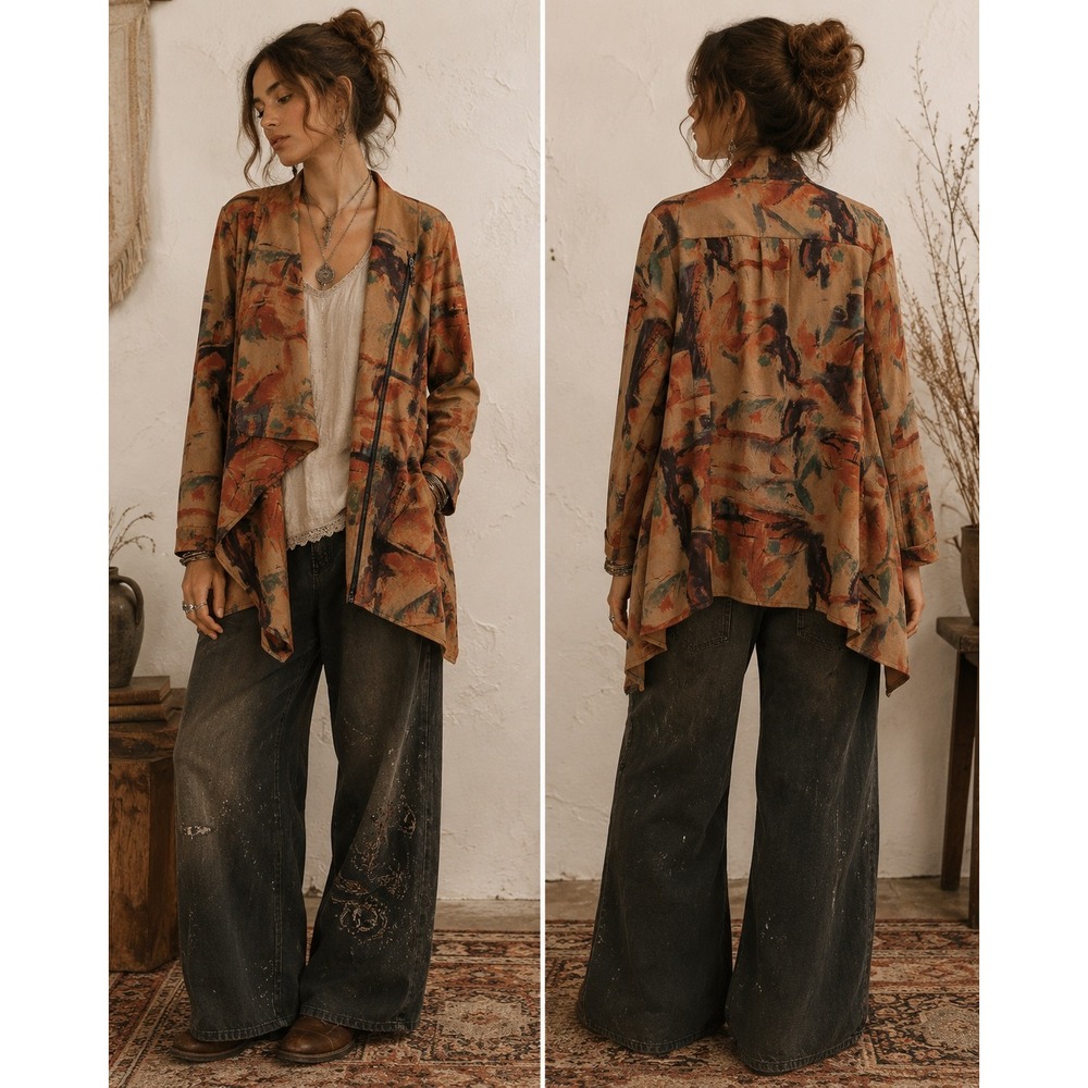 BohoGlam Wearable Art Y2K Southwestern Orange FauxSuede Asymmetric Zip L Jacket